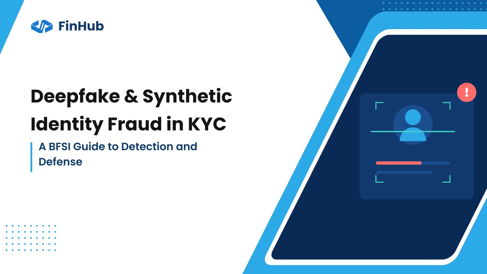 Deepfake and synthetic identity fraud in KYC: a BFSI guide to detection and defense. A face held inside a verification frame under a scan line, with an alert marker beside it.