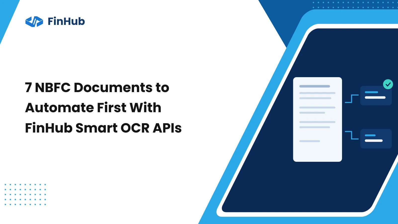 7 NBFC documents to automate first with FinHub Smart OCR APIs. A page of text read across into two structured field cards with a verified check mark.